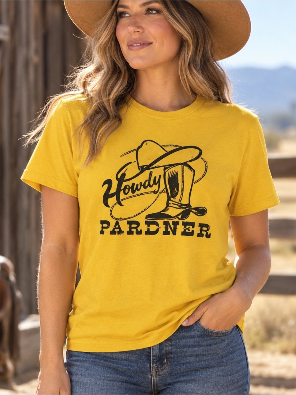 NWT Bandit Brand Howdy Pardner Western Graphic Tee Yellow Small